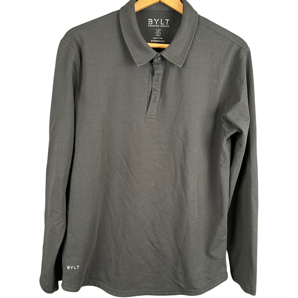 BYLT Premium Basics Lux Long Sleeve Polo Shirt Charcoal Grey Mens Medium